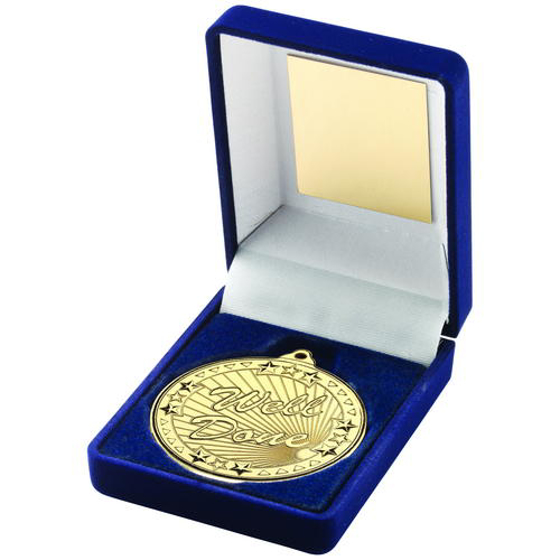 Blue Velvet Box And Gold 50mm Medal Well Done Trophy - 3.5in (89mm)