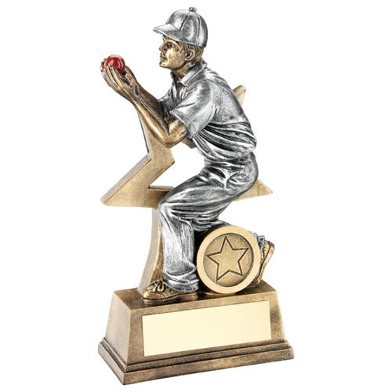 Brz/pew/red Cricket Fielder Figure With Star Backing Trophy (1in Centre) - 7in (178mm)