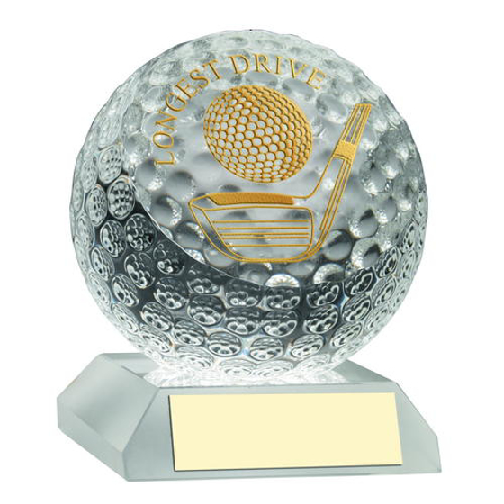 Clear Glass Golf Ball Trophy Longest Drive - 3.75in (95mm)