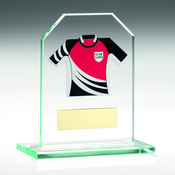 Jade Glass Plaque With Rugby Shirt Trophy -    (shirt A) - 3.75in (95mm)