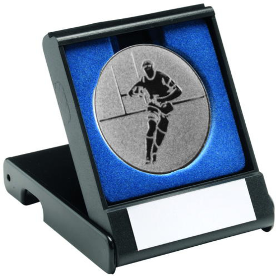 Black Plastic Box With Rugby Insert Trophy - Silver 3.5in (89mm)