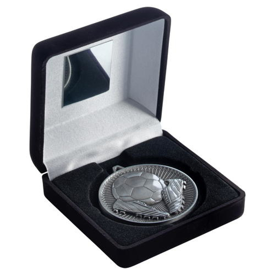 Black Velvet Box And 60mm Medal Football Trophy - Antique Silver - 4in (102mm)