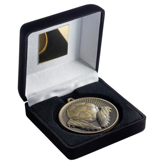 Black Velvet Box And 60mm Medal Football Trophy - Bronze - 4in (102mm)