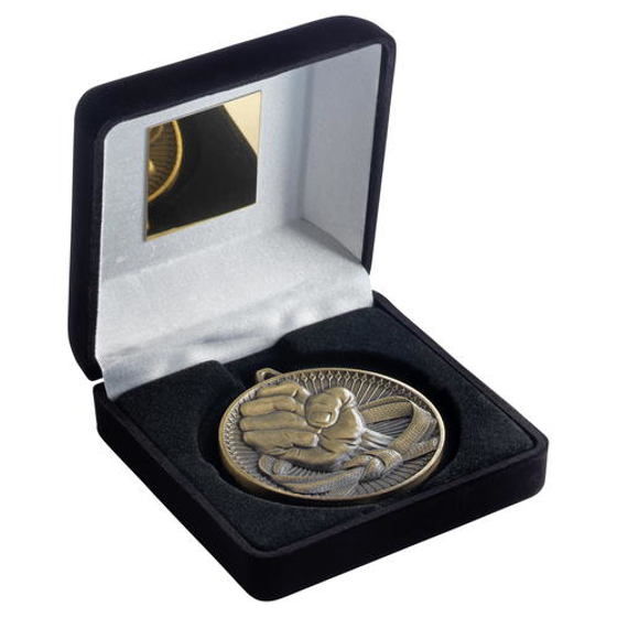 Black Velvet Box And 60mm Medal Martial Arts Trophy - Bronze - 4in (102mm)