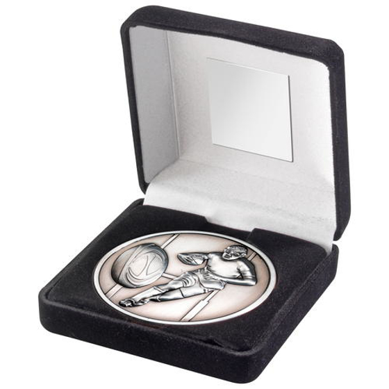 Black Velvet Box And 70mm Medallion Rugby Trophy - Antique Silver - 4in (102mm)