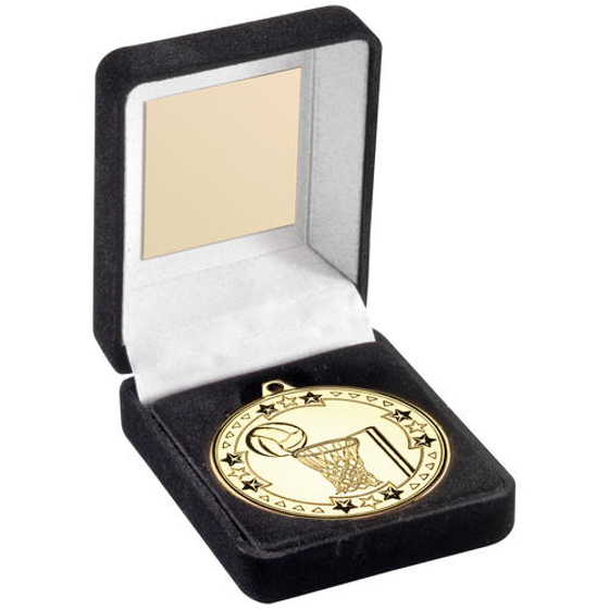 Black Velvet Medal Box And 50mm Medal Netball Trophy - Bronze - 3.5in (89mm)