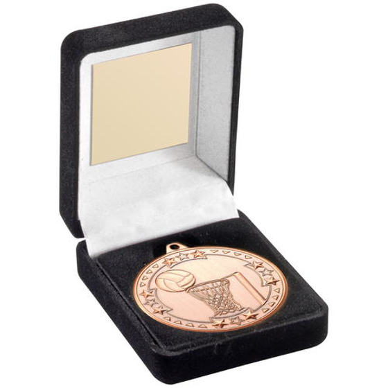 Black Velvet Medal Box And 50mm Medal Netball Trophy - Gold - 3.5in (89mm)