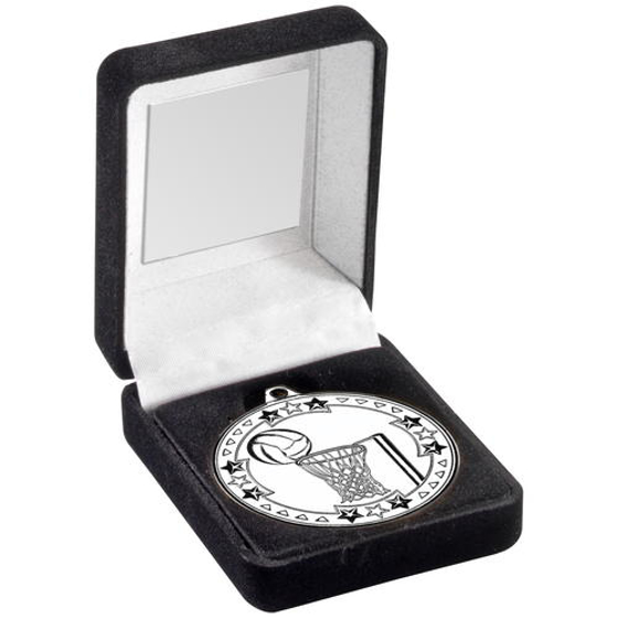 Black Velvet Medal Box And 50mm Medal Netball Trophy - Silver - 3.5in (89mm)