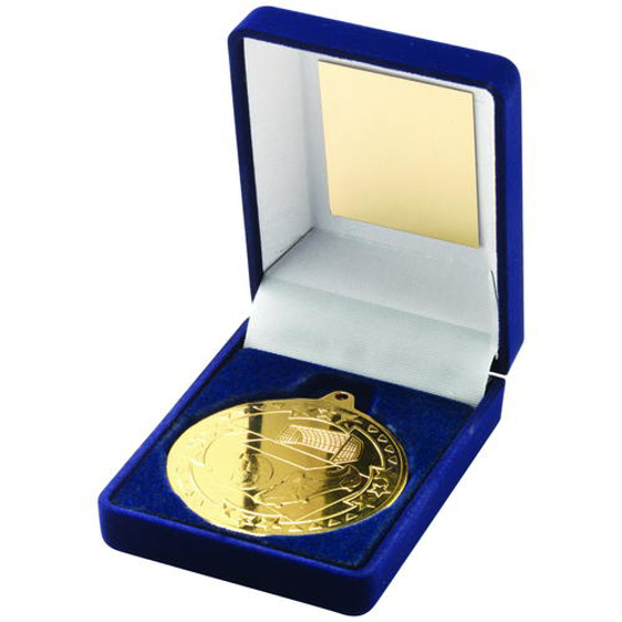 Blue Velvet Box And 50mm Medal Football Trophy - Bronze 3.5in (89mm)