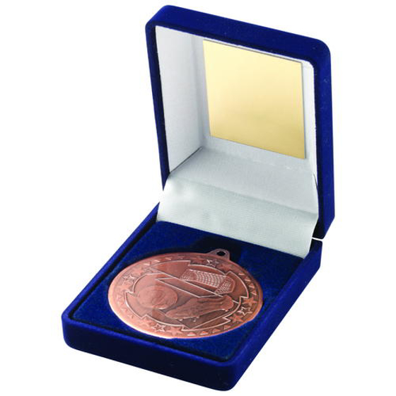 Blue Velvet Box And 50mm Medal Football Trophy - Gold 3.5in (89mm)