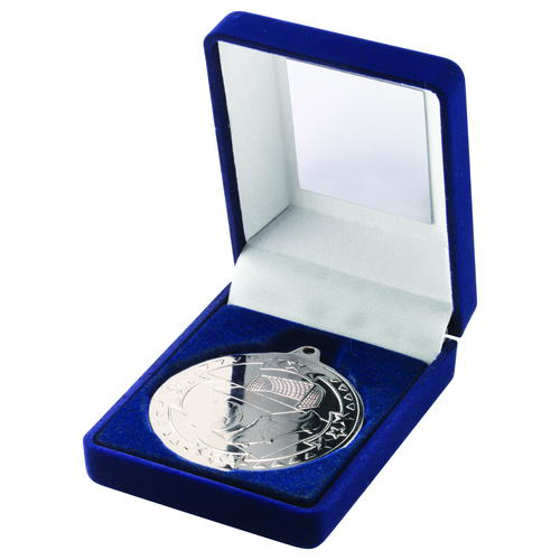 Blue Velvet Box And 50mm Medal Football Trophy - Silver 3.5in (89mm)