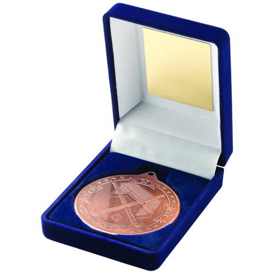 Blue Velvet Box And 50mm Medal Hockey Trophy - Gold 3.5in (89mm)