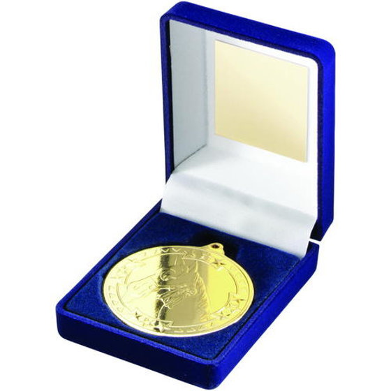 Blue Velvet Box And 50mm Medal Horse Trophy - Bronze 3.5in (89mm)