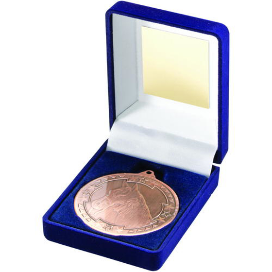 Blue Velvet Box And 50mm Medal Horse Trophy - Gold 3.5in (89mm)