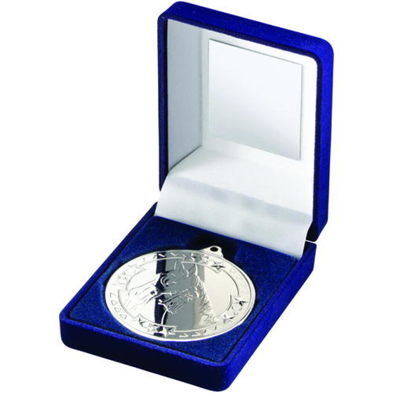 Blue Velvet Box And 50mm Medal Horse Trophy - Silver 3.5in (89mm)