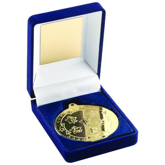 Blue Velvet Box And 50mm Medal Multi Athletics Trophy - Bronze 3.5in (89mm)