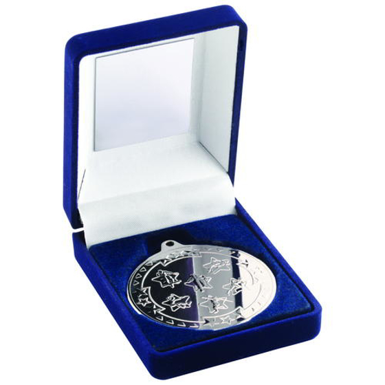 Blue Velvet Box And 50mm Medal Multi Athletics Trophy - Silver 3.5in (89mm)