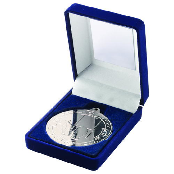 Blue Velvet Box And 50mm Medal Rugby Trophy - Silver 3.5in (89mm)