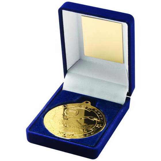 Blue Velvet Box And 50mm Medal Swimming Trophy - Bronze 3.5in (89mm)