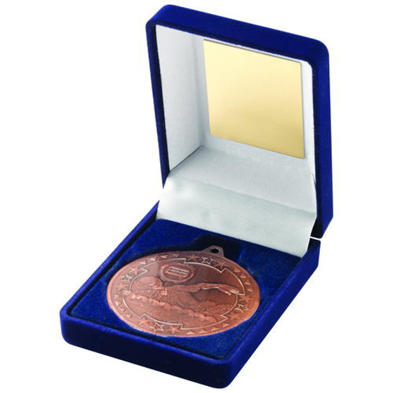 Blue Velvet Box And 50mm Medal Swimming Trophy - Gold 3.5in (89mm)