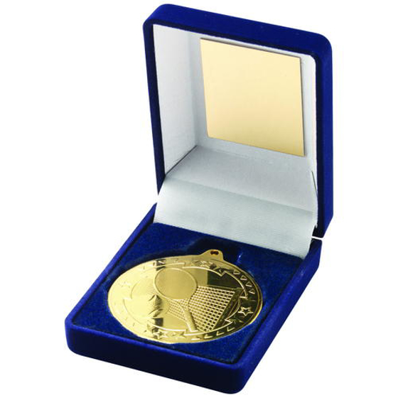Blue Velvet Box And 50mm Medal Tennis Trophy - Bronze 3.5in (89mm)