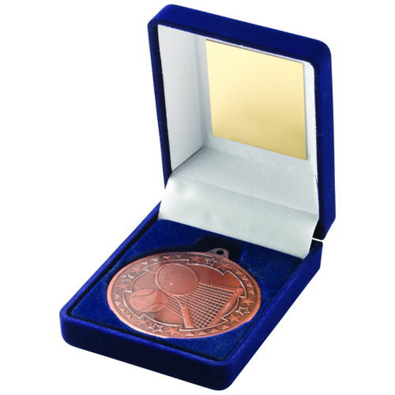 Blue Velvet Box And 50mm Medal Tennis Trophy - Gold 3.5in (89mm)