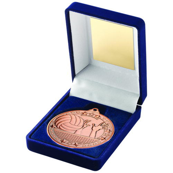 Blue Velvet Box And 50mm Medal Volleyball Trophy - Gold - 3.5in (89mm)