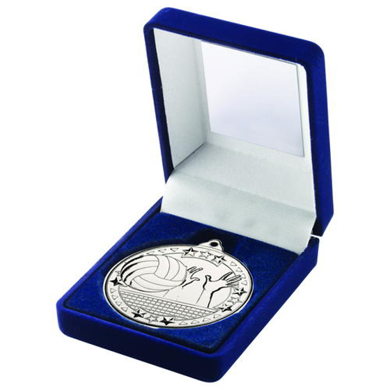 Blue Velvet Box And 50mm Medal Volleyball Trophy - Silver - 3.5in (89mm)