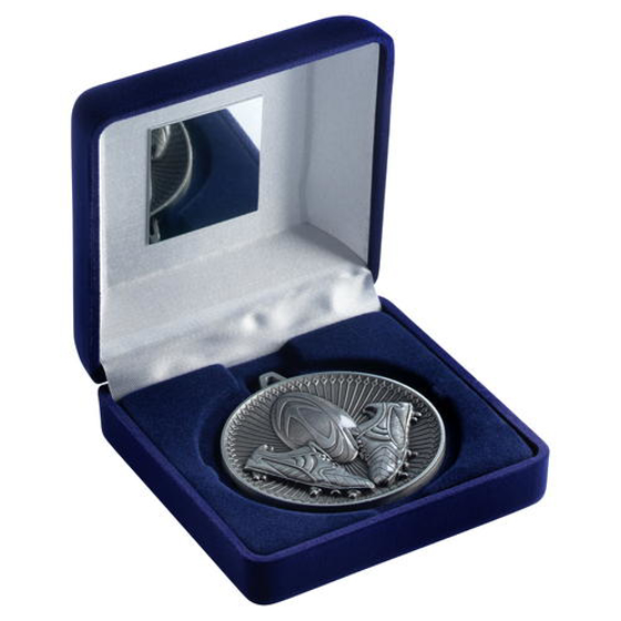 Blue Velvet Box And 60mm Medal Rugby Trophy - Antique Silver - 4in (102mm)