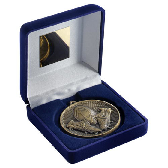 Blue Velvet Box And 60mm Medal Rugby Trophy - Bronze - 4in (102mm)