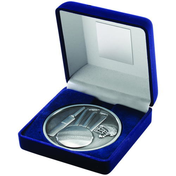 Blue Velvet Box And 70mm Medallion Cricket Trophy - Antique Silver 4in (102mm)
