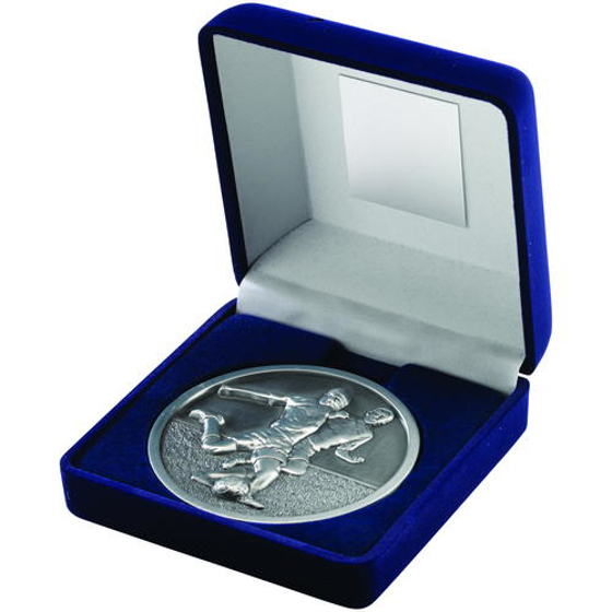 Blue Velvet Box And 70mm Medallion Football Trophy - Antique Silver 4in (102mm)