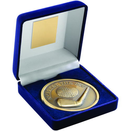 Blue Velvet Box And 70mm Medallion Golf Trophy - Antique Gold Nearest The Pin 4" (102mm)
