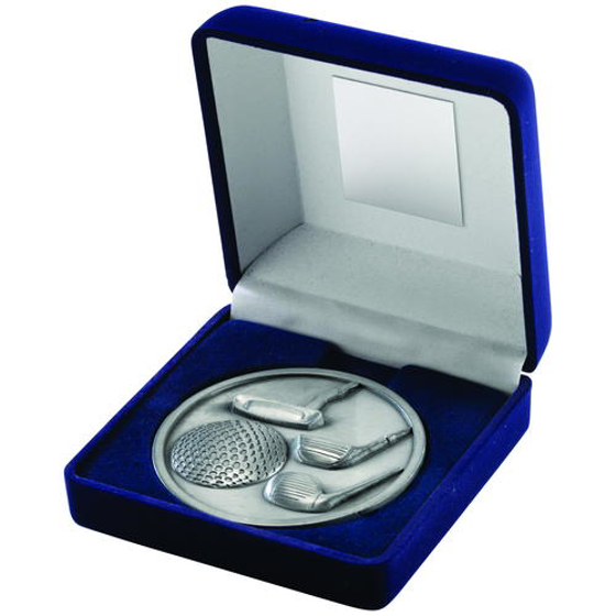 Blue Velvet Box And 70mm Medallion Golf Trophy - Antique Silver 4in (102mm)