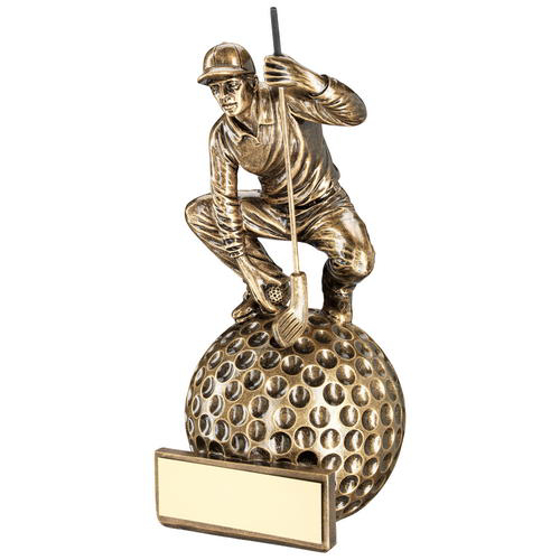 Brz/gold 'crouching' Golfer On Ball Base Trophy - 8.75in (222mm)