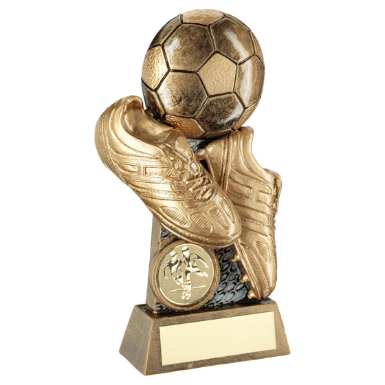 Brz/gold/pew Flatback Football And Boots On Riser Trophy (1in Centre)  - 5.75in (146mm)