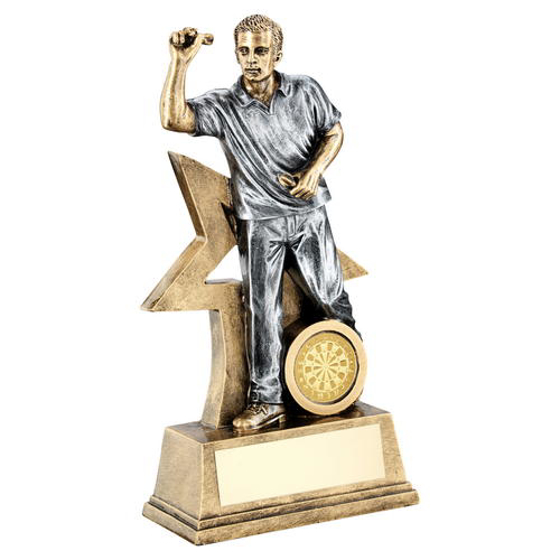 Brz/gold/pew Male Darts Figure With Star Backing Trophy (1in Centre) - 7in (178mm)