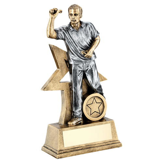 Brz/gold/pew Male Darts Figure With Star Backing Trophy (1in Centre) - 9in (229mm)