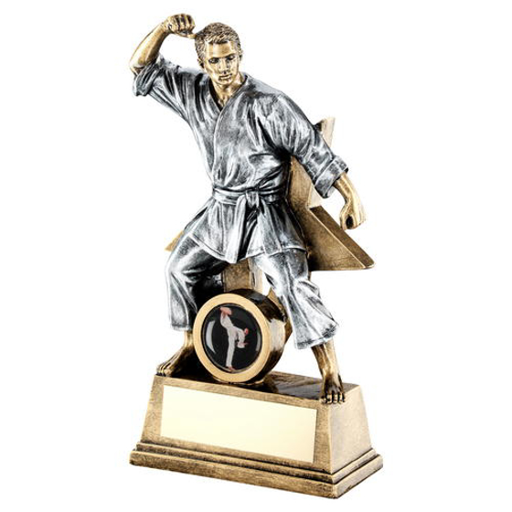 Brz/gold/pew Male Martial Arts Figure With Star Backing Trophy (1in Centre) - 7" (178mm)