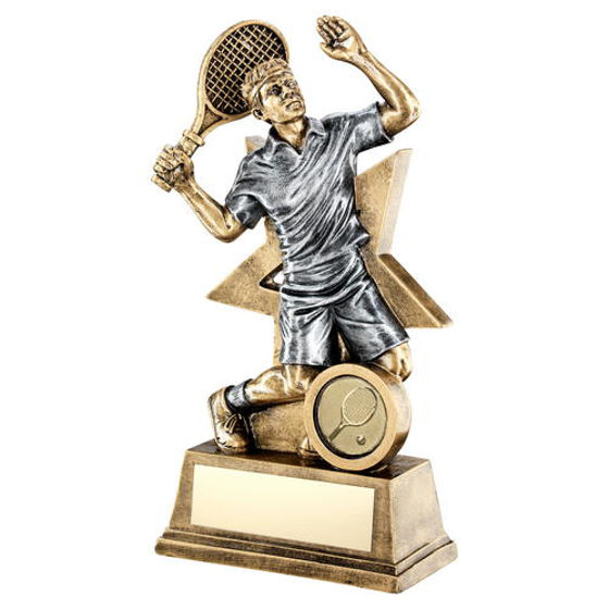 Brz/gold/pew Male Tennis Figure With Star Backing Trophy (1in Centre) - 7in (178mm)