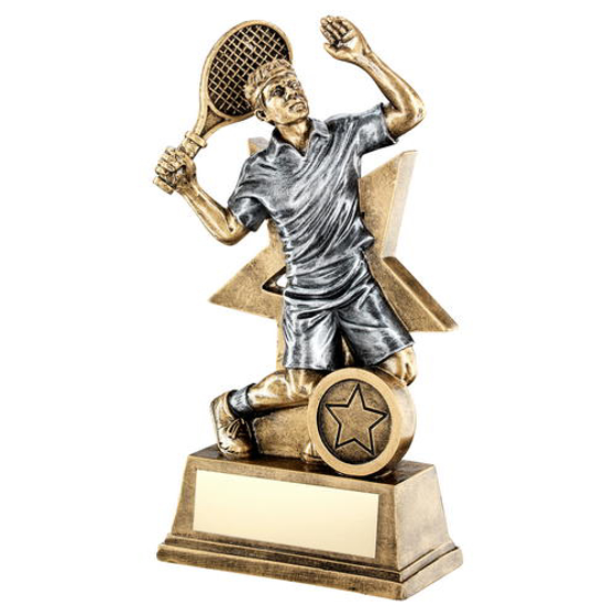 Brz/gold/pew Male Tennis Figure With Star Backing Trophy (1in Centre) - 9in (229mm)