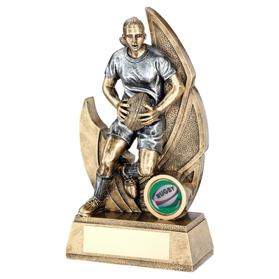 Brz/pew Female Rugby Figure On Backdrop Trophy (1in Centre) - 7.25in (184mm)