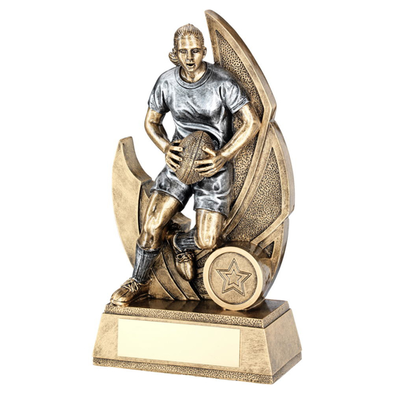 Brz/pew Female Rugby Figure On Backdrop Trophy (1in Centre) - 8.5in (216mm)