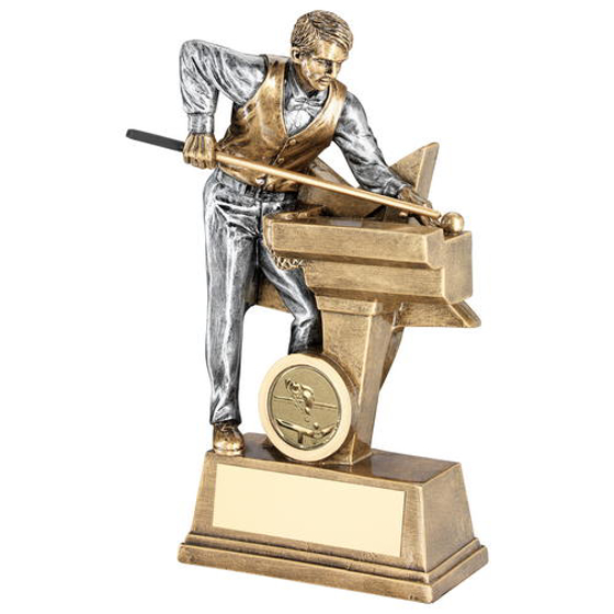 Brz/pew Male Pool/snooker Figure With Star Backing Trophy (1in Centre) - 7in (178mm)
