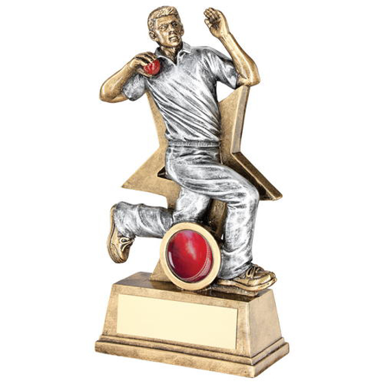 Brz/pew/red Cricket Bowler Figure With Star Backing Trophy (1in Centre) - 7in (178mm)