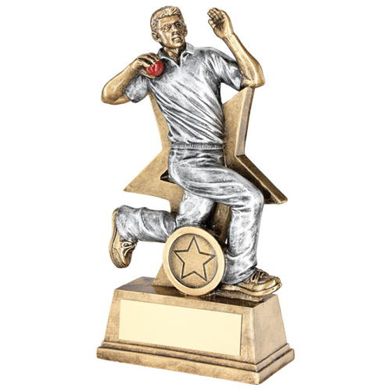 Brz/pew/red Cricket Bowler Figure With Star Backing Trophy (1in Centre) - 9in (229mm)