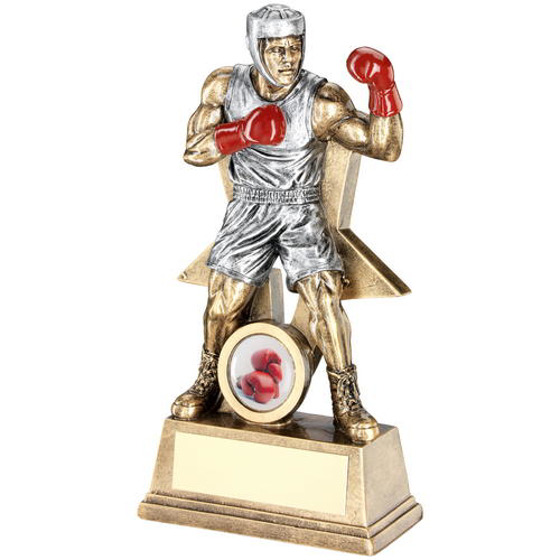 Brz/pew/red Male Boxing Figure With Star Backing Trophy (1in Centre) - 7in (178mm)