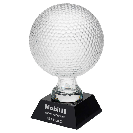 Picture of Clear Glass Golf Ball On Black Base - (5.5"" Dia) 9.25in (235mm)