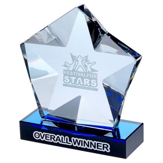 Clear Glass Pentagon Plaque With Star Detail On Black/blue Base - 6.5in (165mm)