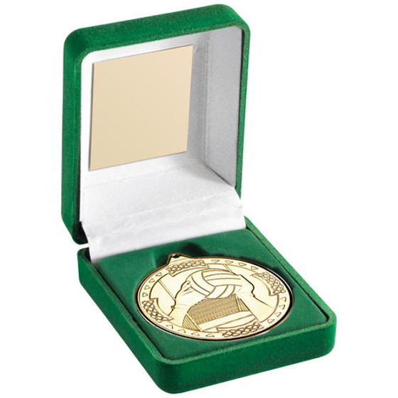 Green Velvet Box And 50mm Medal Gaelic Football Trophy - Bronze 3.5in (89mm)